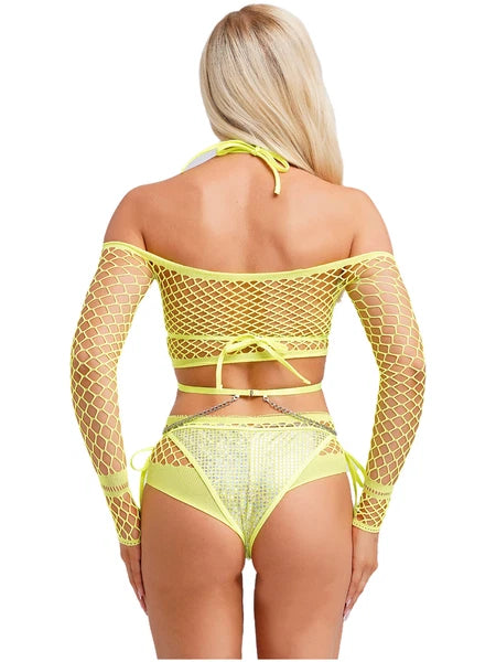 Womens Underwear Shiny Thong Crop Top Lingerie Lace-up Nightwear 4-piece Bra