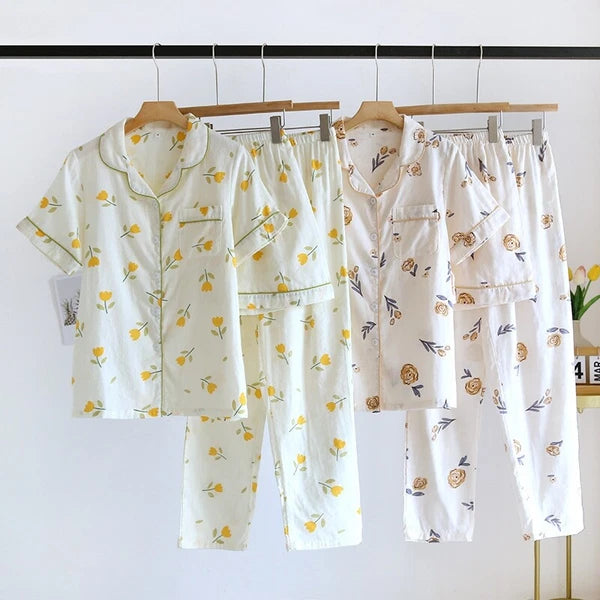 3PCS Women Pajamas Set 100% Gauze Cotton Printed Pyjamas Short Sleeve Sleepwear