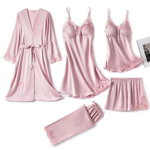 5PC Ice Silk Robe Sleep Suit Women Lace Satin Pajamas Gown Set V-Neck Nightwear