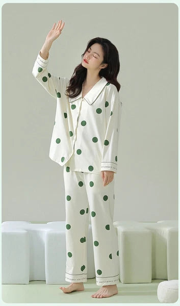 Autumn Women's Pajamas Set Long Sleeve Outdoor Polka Dot Print Antibacterial Clothing-