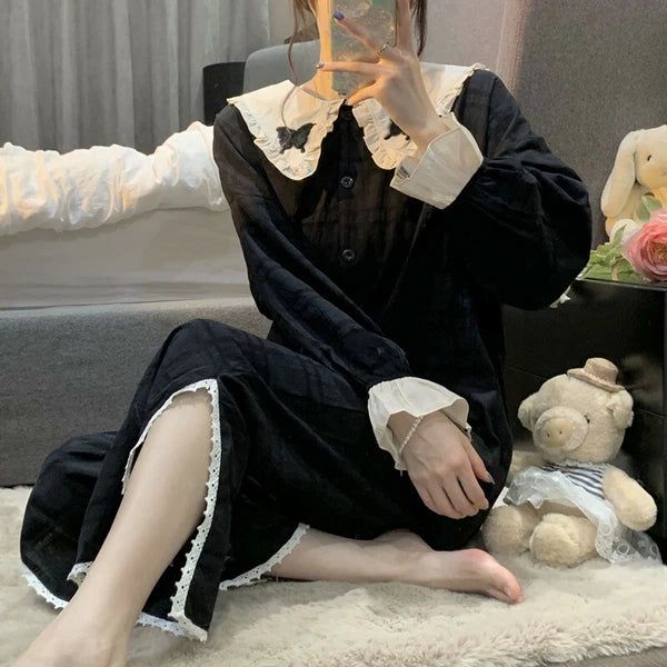 Korean women sweet pajamas long-sleeved trousers home service two-piece suit