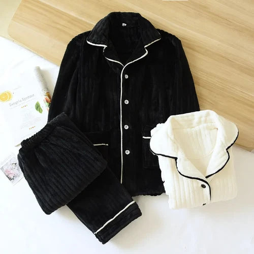 Warm Coral Fleece Pajamas Women Flannel Couple  Lapel Home Men's Sleepwear Suit