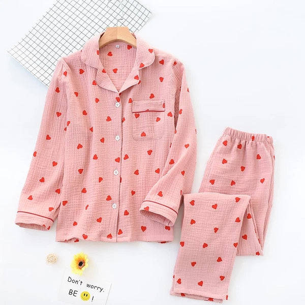 Japanese Women 100% Gauze Cotton Pajamas Set Long Sleeve Sleepwear Nightwear New