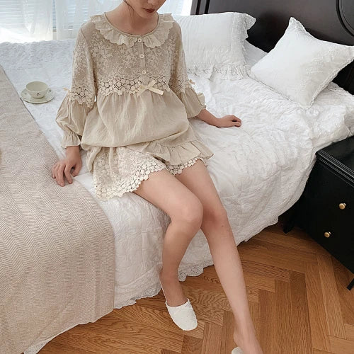 Women's Flower Embroidery Linen Pajama Summer Sets Tops+Shorts.Vintage Ladies