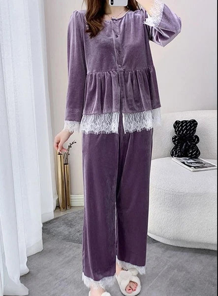 Velvet Pajamas Suit V-Neck 2PCS Set Women Lace Sleepwear Button-down Nightwear