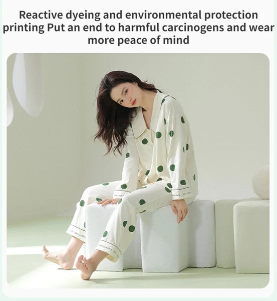 Autumn Women's Pajamas Set Long Sleeve Outdoor Polka Dot Print Antibacterial Clothing-