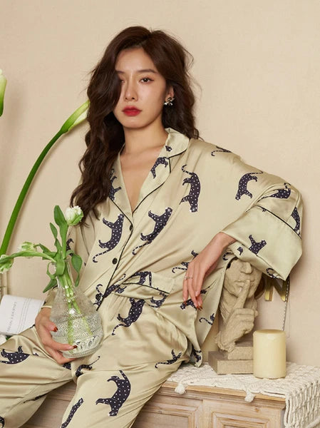 Cardigan Women's Pajamas Set Luxury Leopard Print SleepwearSilk Like Nightwear