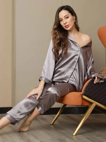 Women's 19mm Pure Mulberry Silk Pajamas Set Silk Sleepwear Nightwear Home Wear