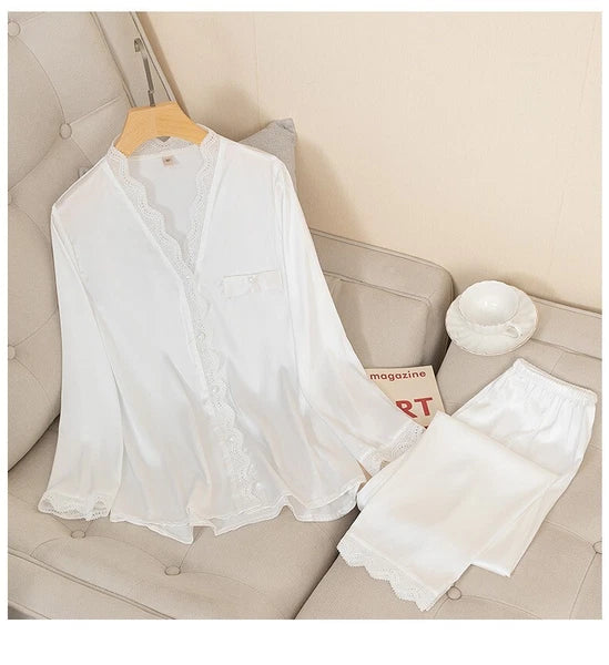Pajamas Set Satin Women 2 Piece Sleepwear Silky Pyjamas Nightwear Shirt&Pants