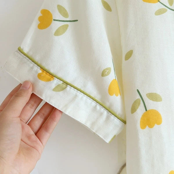 3PCS Women Pajamas Set 100% Gauze Cotton Printed Pyjamas Short Sleeve Sleepwear