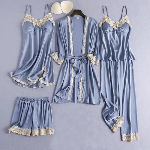 5PCS Lace Satin Robe Gown Set Sexy Women Nightgown Sleep Suit Home Kimono Pajama
