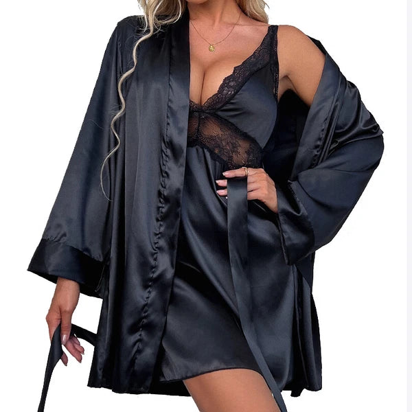 Womens Satin Kimono Robe w/ Dress Lingerie Set Nightgown Sleepwear Silk Bathrobe