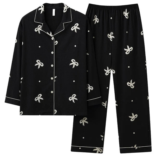 Women's Pajamas Set Long Sleeve Cardigan Bow Print Comfortable Antibacterial Homewear-
