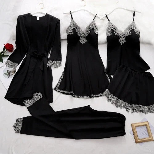 5PC Robe Sleep Suit Lace Satin Pajamas Gown Set V-Neck Wear Home Nightwear