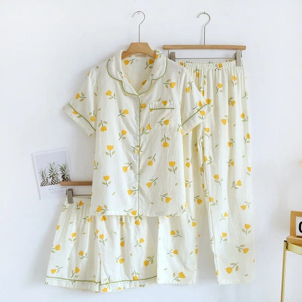3PCS Women Pajamas Set 100% Gauze Cotton Printed Pyjamas Short Sleeve Sleepwear