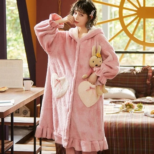 Winter Women Hooded Pajama Sets Ruffled Coral Flannel Sleepwear Cute Nightwear