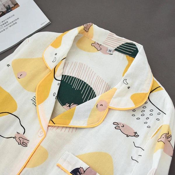 Women Pajamas Set 100% Cotton Printed Sleepwear Casual Nightwear Gauze Home Wear