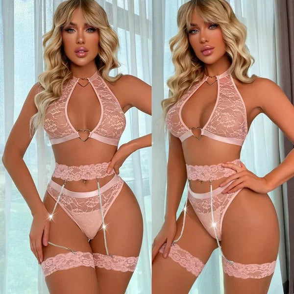 Sexy Women Lingerie Pink Lace Dress G-string Underwear Babydoll Sleepwear Gift