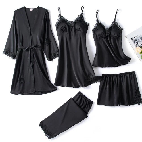 5PC Ice Silk Robe Sleep Suit Women Lace Satin Pajamas Gown Set V-Neck Nightwear