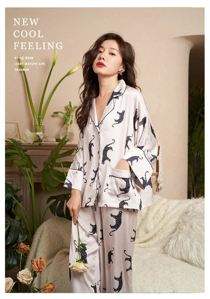 Cardigan Women's Pajamas Set Luxury Leopard Print SleepwearSilk Like Nightwear