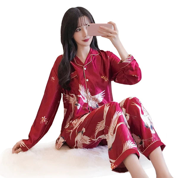 Women's Long Sleeve Silk Pajama Set Button-Down Sleepwear Print Loungewear Plus