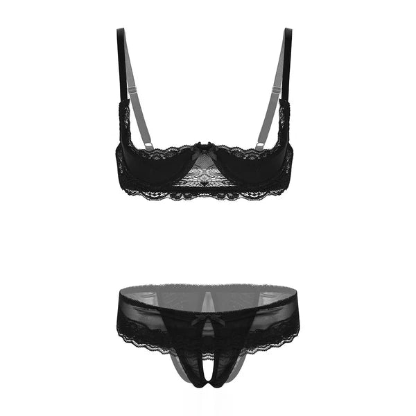 Women's Floral Lace Lingerie Bra Set Crotchless Thong G-string Cupless Bralette