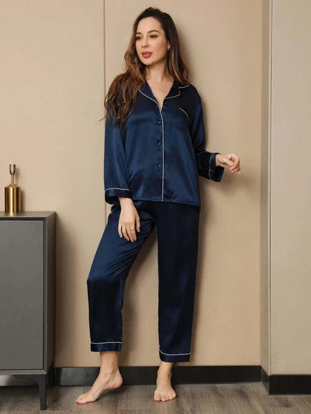 Women's 19mm Pure Mulberry Silk Pajamas Set Silk Sleepwear Nightwear Home Wear