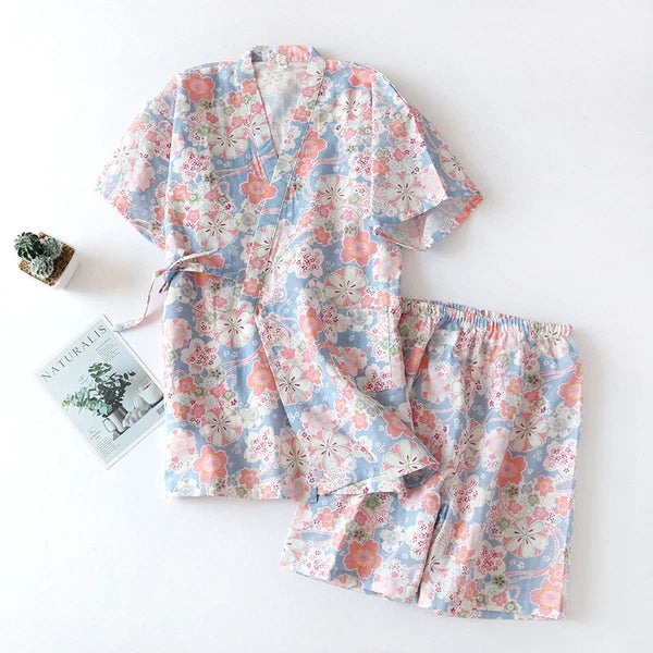 Japanese Women 100% Gauze Cotton Pajamas Set Kimono Short Sleeve Print Sleepwear