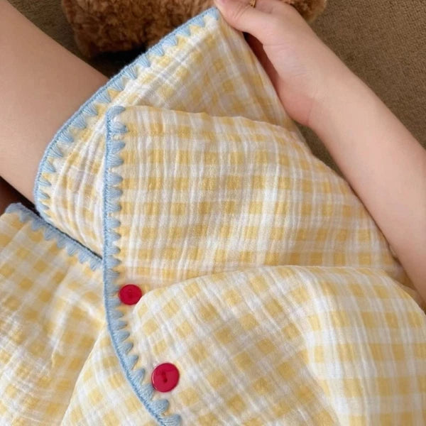 Summer Thin Plaid Pajama Set Cute 2 Piece Sleepwear Indoor Outdoor-