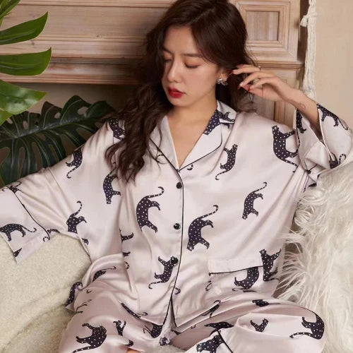 Cardigan Women's Pajamas Set Luxury Leopard Print SleepwearSilk Like Nightwear