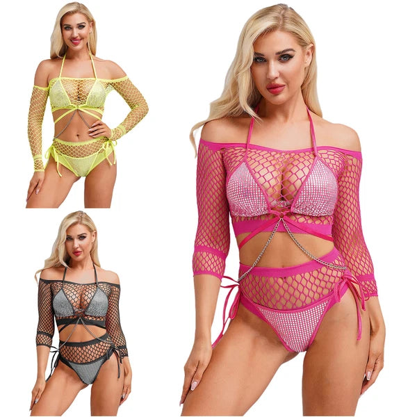 Womens Underwear Shiny Thong Crop Top Lingerie Lace-up Nightwear 4-piece Bra