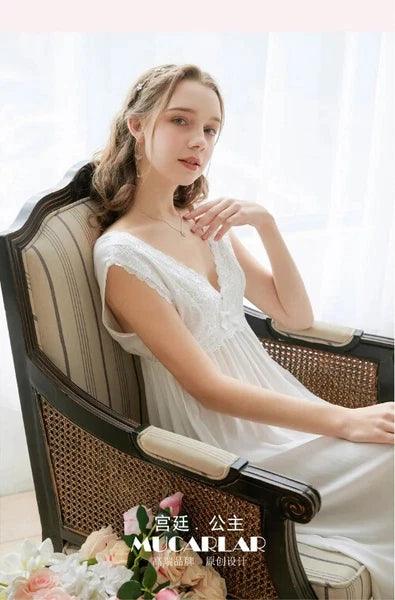 Cotton Summer Sleeveless V-Neck Backless Lace Fairy Princess Nightdress Fairy