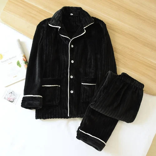 Warm Coral Fleece Pajamas Women Flannel Couple  Lapel Home Men's Sleepwear Suit