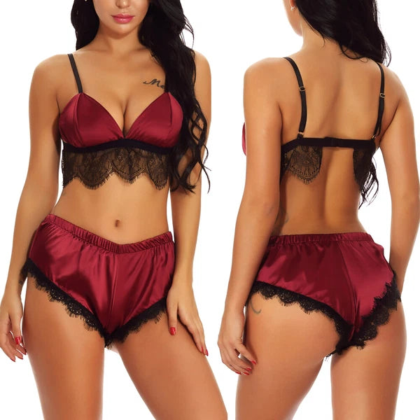 US Women Sexy Lingerie Sleepwear Satin Silk Babydoll Lace Nightwear Pajamas Set