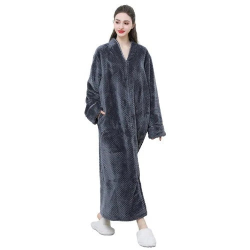 New Zipper Nightgown Flannel Nightgown Autumn Sleepwear Solid Color  Bathrobe