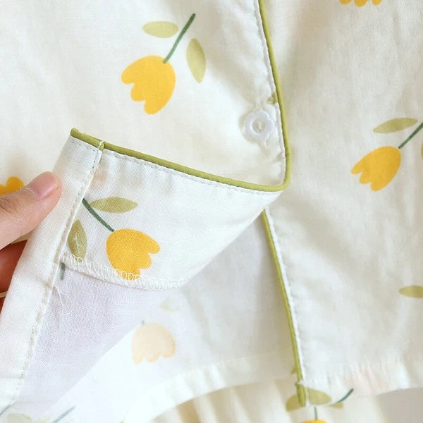 3PCS Women Pajamas Set 100% Gauze Cotton Printed Pyjamas Short Sleeve Sleepwear