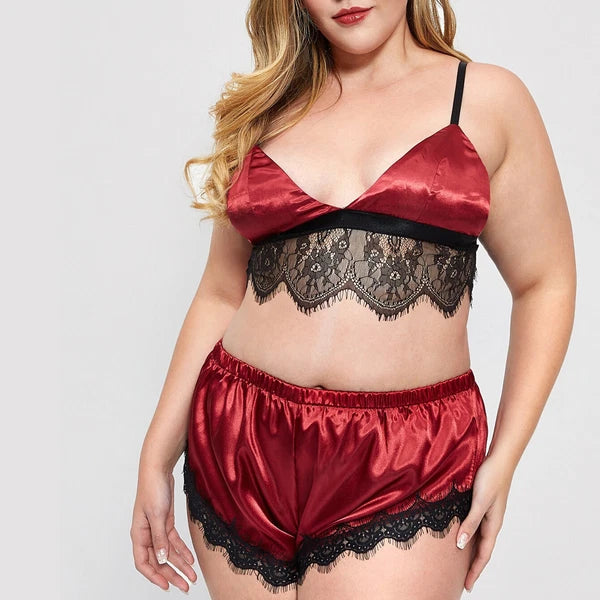 Plus Size Womens Satin Nightwear Lace Trim Bra Top Sissy Shorts of Lingerie Set