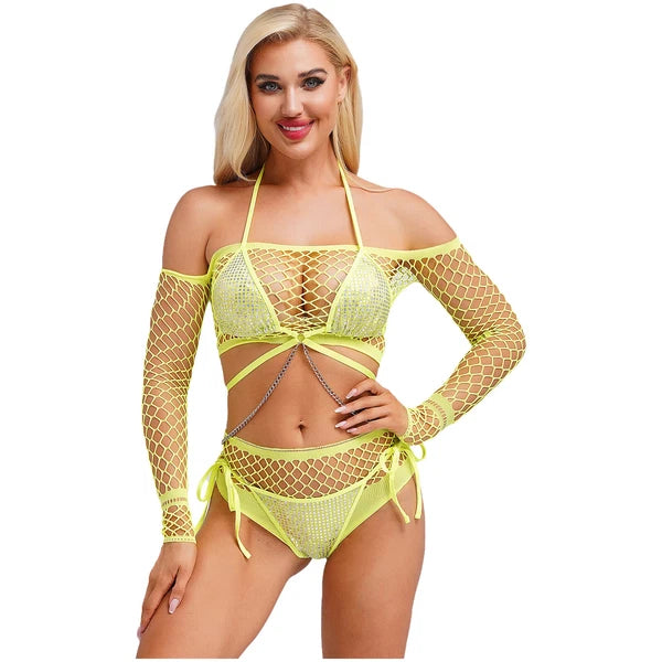 Womens Underwear Shiny Thong Crop Top Lingerie Lace-up Nightwear 4-piece Bra