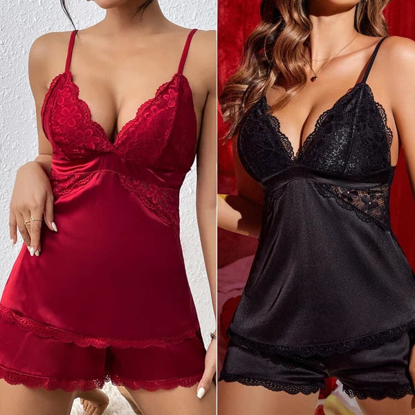Women Sleepwear Satin Pajamas Set Lace Camisole Shorts Nightwear Sexy Lingerie