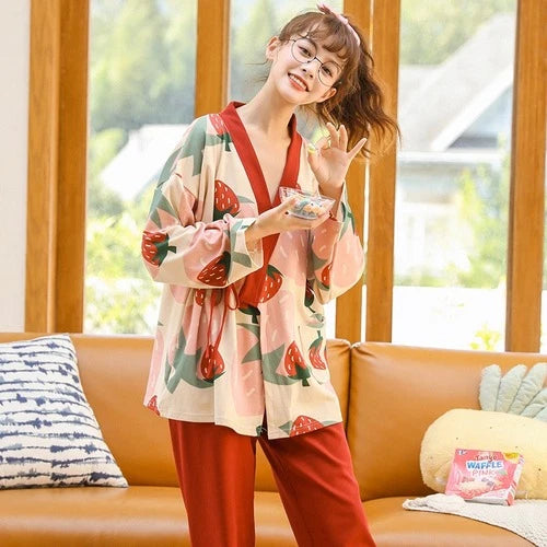 WomenPyjamas Set Strawberry Sleepwear Cotton Yarn Kimono PajamasV-Neck Plus Size