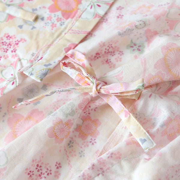 Japanese Women 100% Gauze Cotton Pajamas Set Kimono Short Sleeve Print Sleepwear