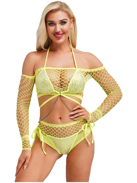 Womens Underwear Shiny Thong Crop Top Lingerie Lace-up Nightwear 4-piece Bra