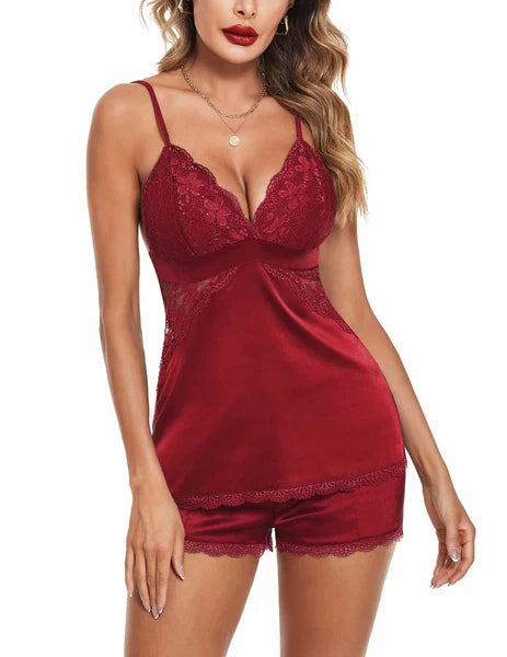 Women Sleepwear Lace Satin Pajamas Set Shorts Nightwear Camisole Underwear US