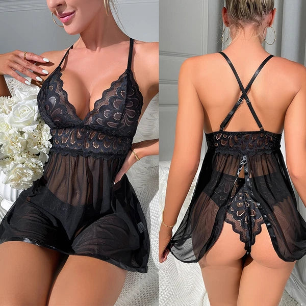 Women Sexy Lingerie Lace Babydoll V Neck Chemise Teddy Strap Sleepwear Panty Set