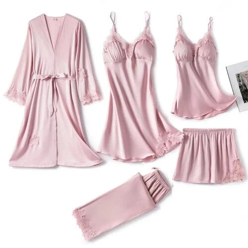 5PC Robe Sleep Suit Lace Satin Pajamas Gown Set V-Neck Wear Home Nightwear
