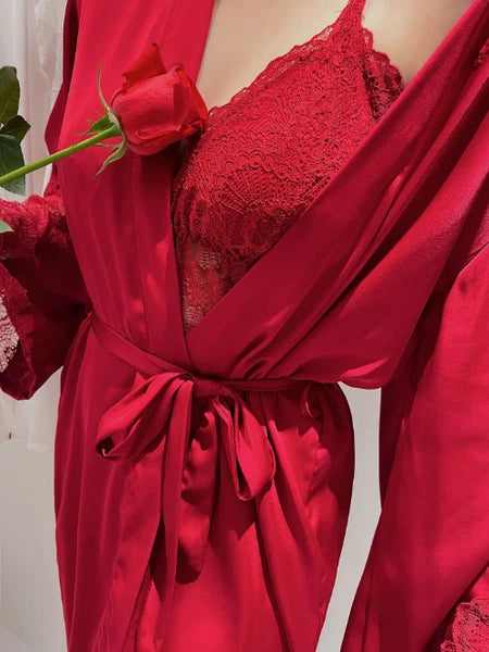 Sexy Robe Set Lace 2PCS Bathrobe Nightdress V-Neck Kimono Gown Sleepwear Suit