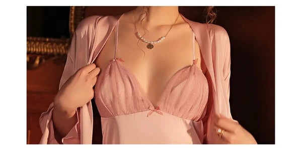 3Pcs Women Pajamas Sets Faux Silk  Sets Ruffles Lace Bath Wedding Night Dress