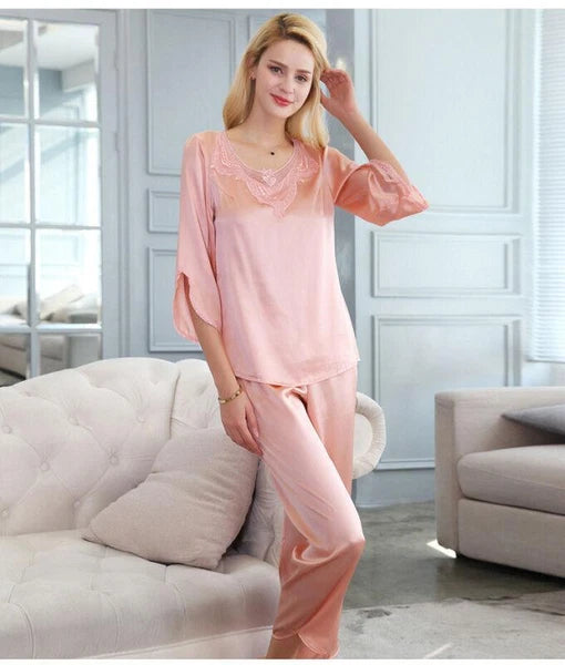 New Women Silk Pajamas Set,2 pieces,100% Mulberry Silk Sleepwear Nightwear U7135