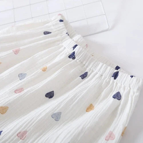 Summer Ladies Cotton Gauze Short Sleeve Shorts Pajamas Suit Cute Heart-shaped