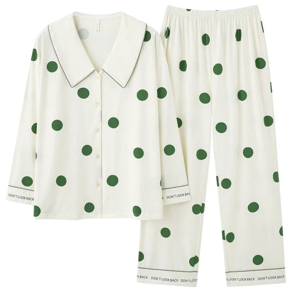 Ladies' Pajamas Set Outdoor Polka Dot Print Antibacterial Autumn Long Sleeve